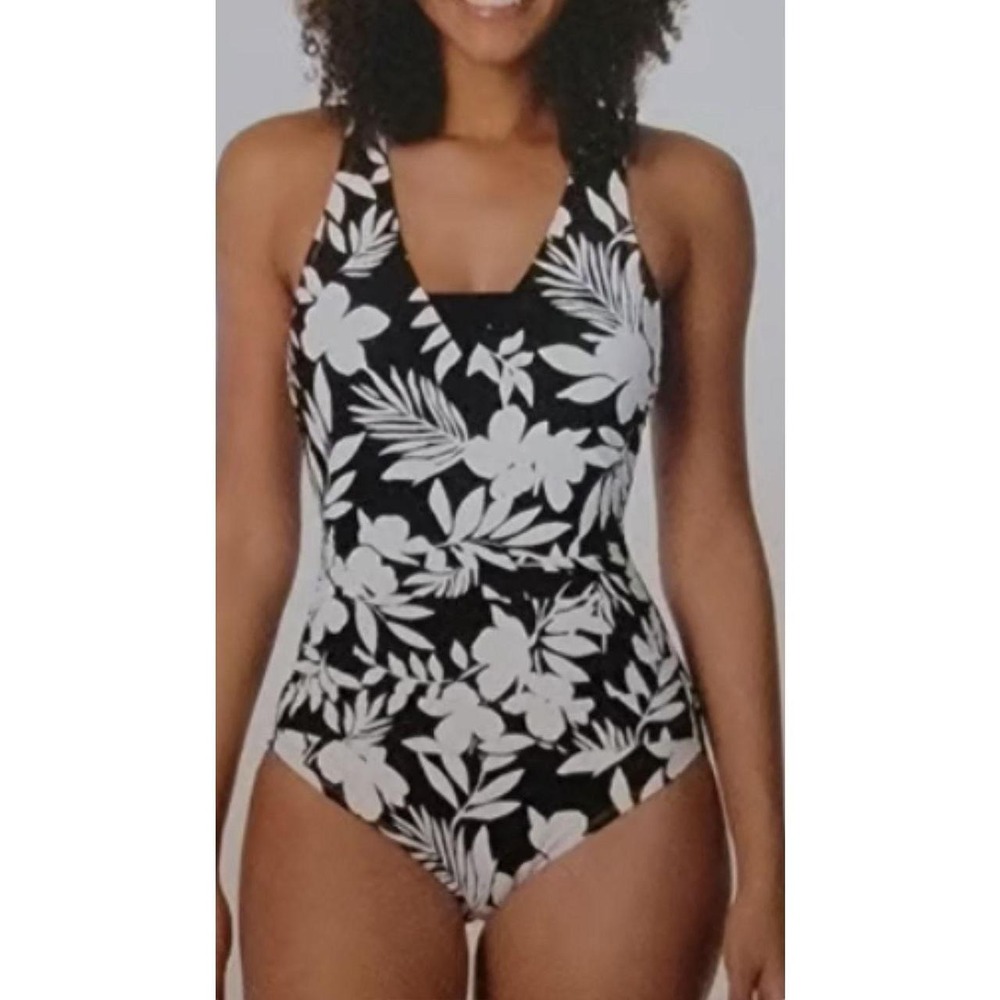LANDS' END One Piece Swimsuit Women Size M Black White Floral Tummy Control NEW